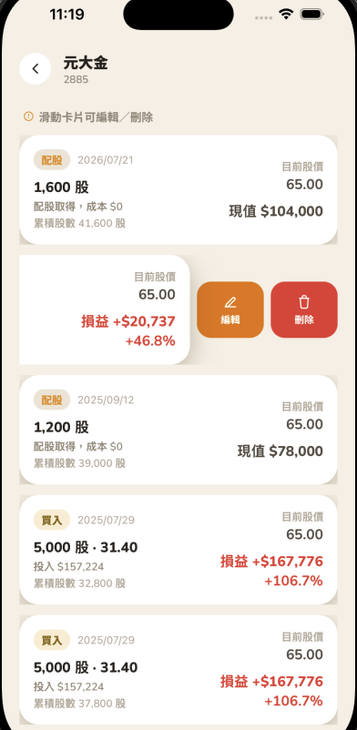 卡片向左滑動後露出編輯與刪除按鈕